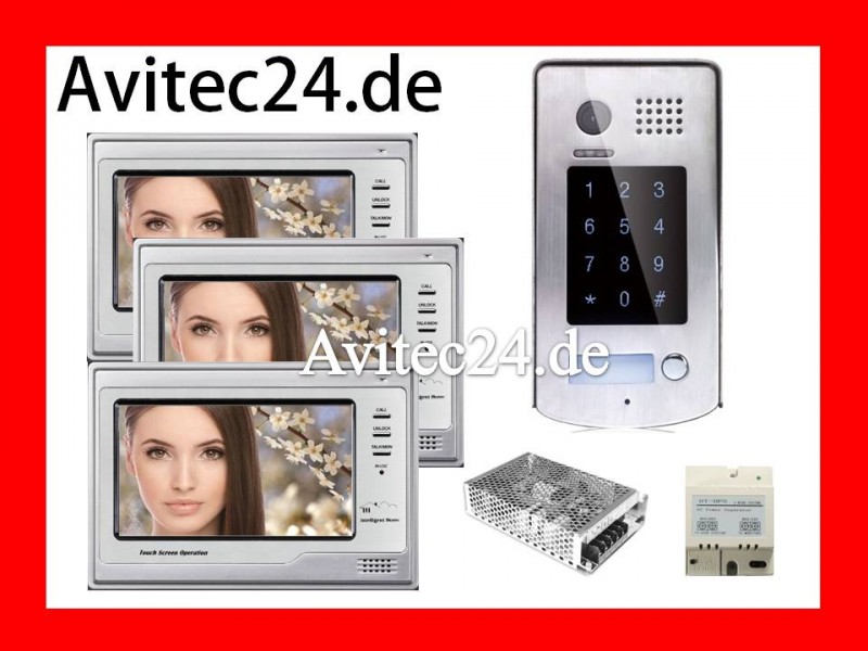 VIDEO KLINGELANLAGE MIT PASS CONTROL TÜRÖFFNER 3x 7"TFT